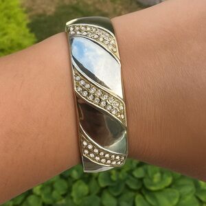 Silver Tone Hinged Bangle Bracelet with Rhinestones